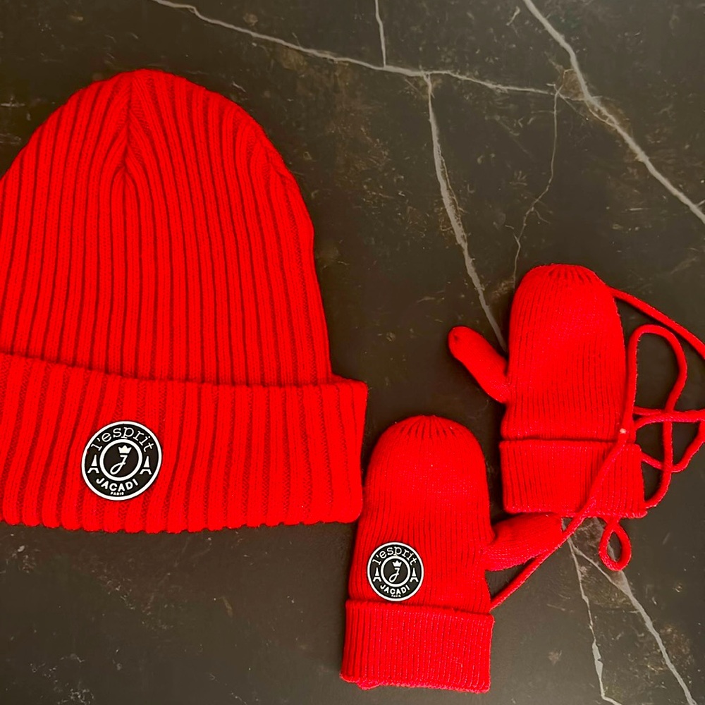 Jacadi beanie and mitten set, RED 2T